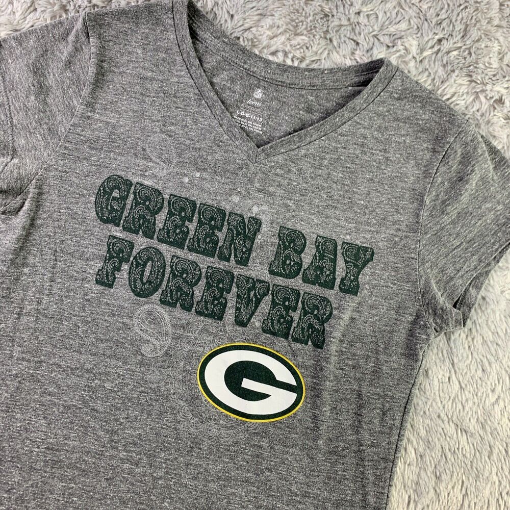 Green Bay Packers Shirt Youth Large Gray Forever Teen Girls Short Sleeve Vneck